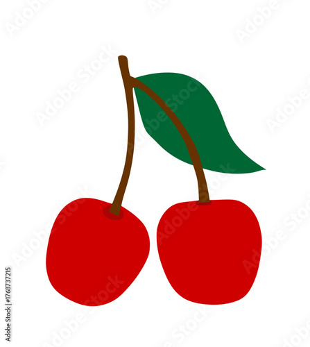 Cherries vector illustration isolated on white background. Delicious fruit a pair of cherries on a stalk with a leaf. Sweet plant yield from nature. Organic food health care.