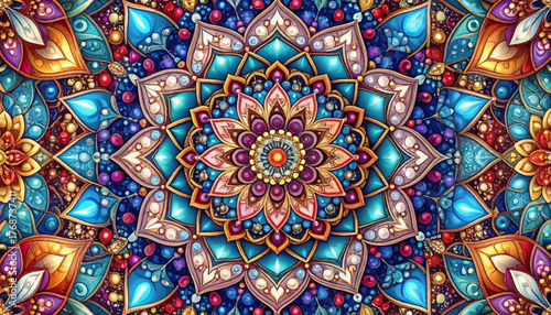Seamless pattern of colorful floral mandalas