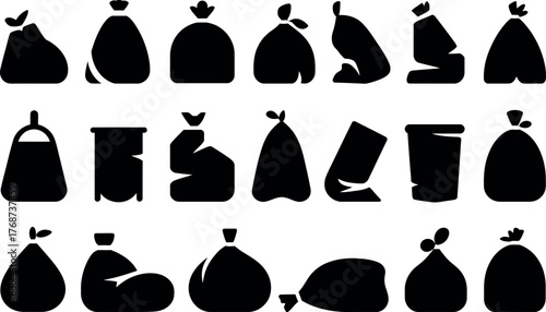 Collection of black garbage bag vector icons for waste management illustration