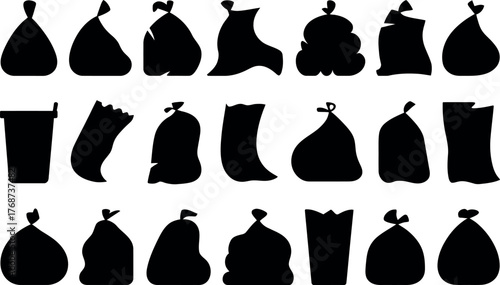Garbage Bags and Waste Bin Icons Collection in Black Silhouettes