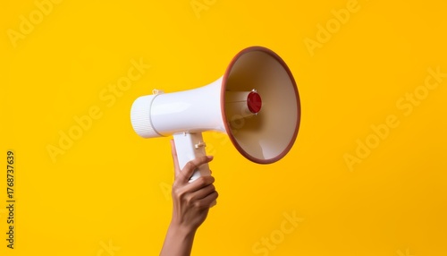 Female hand holds a megaphone in a round hole on a yellow background 