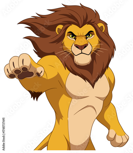 Fierce anthropomorphic lion character with determined expression and raised paw