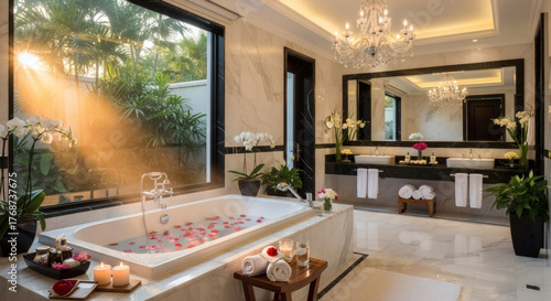 Fototapeta Naklejka Na Ścianę i Meble -  Luxurious bathroom with bathtub filled with rose petals and candles