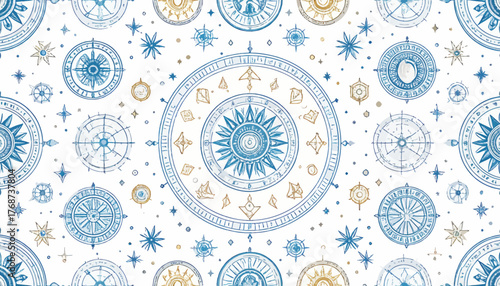 Seamless pattern of antique compasses and stars