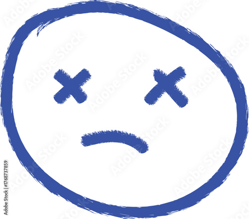 Simple hand drawn blue smiley face icon representing sadness or disappointment with x eyes and frown