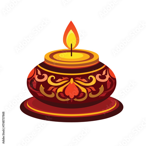 Ornate traditional indian diya lamp with bright, sacred flame. Vector for diwali, festival celebrations, prayer, and cultural design elements