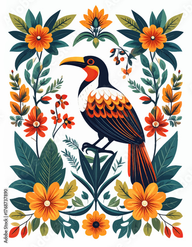 Toucan among tropical flowers with transparent background