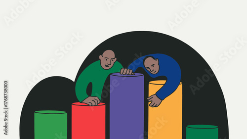 Two men collaborating on a colorful bar graph representing teamwork and shared success in business growth and development