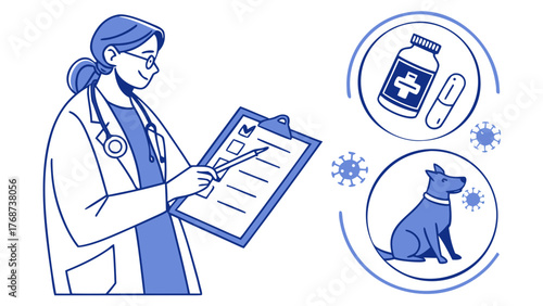 Veterinarian checking pet medical chart with icons of medicine, dog and virus around, concept of animal healthcare and vaccination