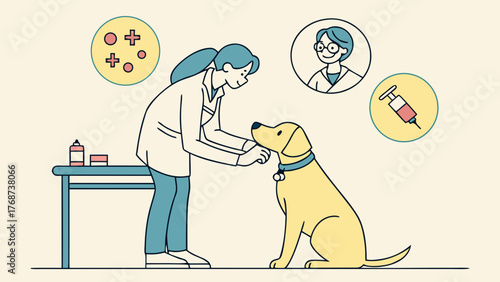 Female veterinarian examining dog with medical icons around, concept of pet healthcare, vaccination and professional animal care