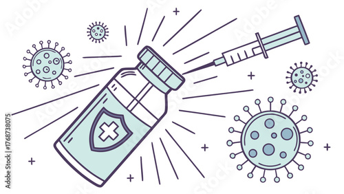 Vaccine bottle and syringe surrounded by virus particles, concept of immunization, disease prevention and medical protection