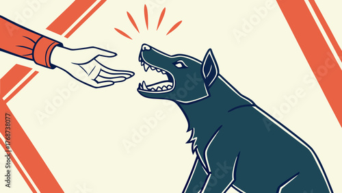 Aggressive dog growling and showing teeth while person reaches out hand, concept of danger, fear and animal attack
