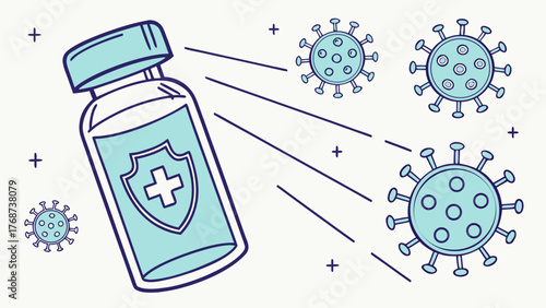 Vaccine bottle repelling virus particles, concept of immunity, disease prevention and medical protection