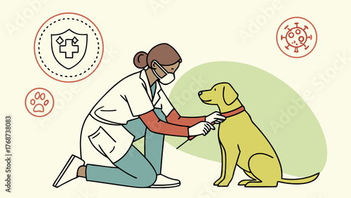 Veterinarian in mask vaccinating a dog with medical icons around, concept of pet healthcare, immunization and disease prevention