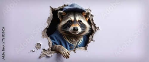 A raccoon wearing a blue shirt peeks through a hole in a wall. The animal has distinctive facial markings and a curious expression.