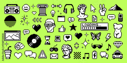 Huge collection of pixel art y2k vector icons including retro boombox, computer, woman bust, and loading bar on green background.