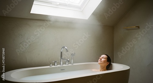 Woman resting in warm bath under skylight symbolizing relaxation stillness and wellness balance