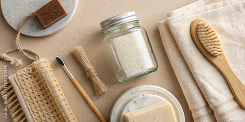 A collection of natural skincare products is arranged neatly on a soft surface. Items include a jar of cream, a wooden brush, and assorted accessories. The atmosphere is peaceful and inviting