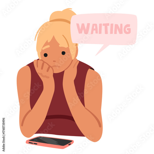 Young woman cartoon character sitting and looking at smartphone waiting for call isolated on white