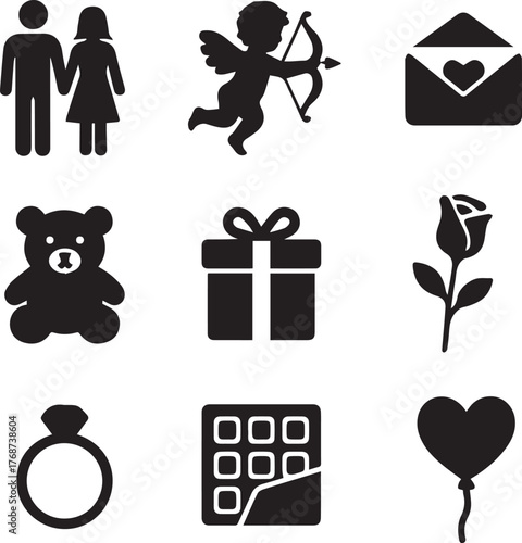 A set of black and white Valentine's Day icons, depicting romantic symbols like couples, cupid, gifts, roses, rings, and chocolate bars, perfect for design