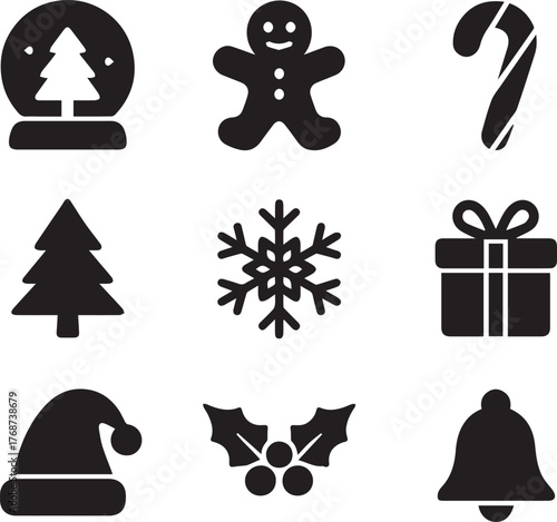 A curated set of classic winter holiday and Christmas icons, featuring popular festive symbols for seasonal graphic design and digital media