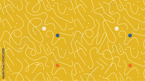 Abstract seamless pattern with organic white lines and colorful dots on a mustard yellow background