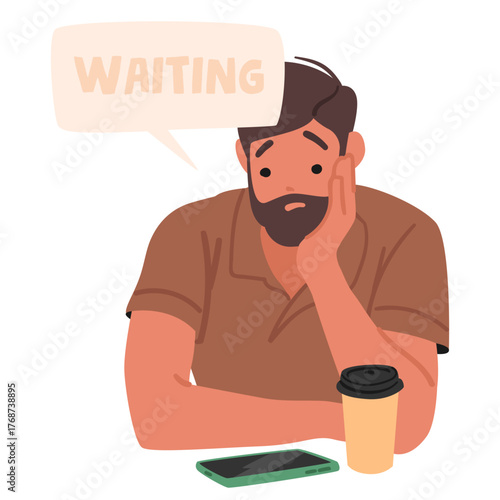 Young man cartoon character waiting for phone call sitting with takeaway coffee drink in cafe