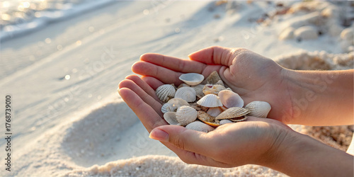 Soft sunlight glimmers on a sandy beach as someone holds a collection of seashells in their hands. The scene captures tranquility and the joy of finding treasures by the sea