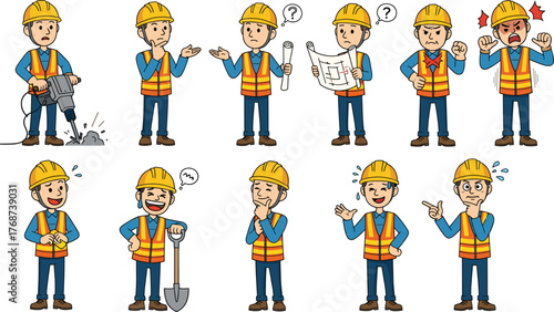 Cartoon Construction Worker Character Set Showing Emotions, Jackhammer, Blueprint, Shovel, Anger, Confusion, Thinking, Pointing, Laughing, Calm Pose