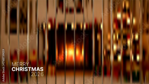 Blurred vector illustration of a cozy fireplace scene with Christmas tree and presents, ideal for holiday greeting card and seasonal promotion
