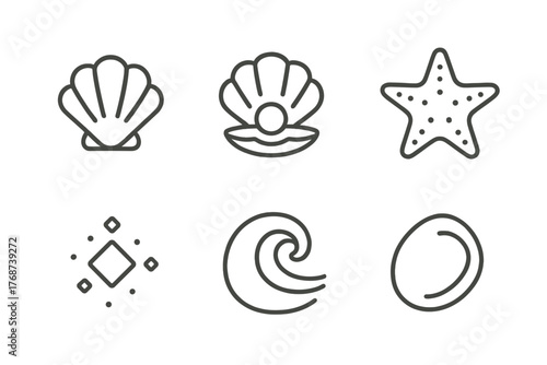 Minimalistic ocean icon set featuring shell, starfish, and wave designs