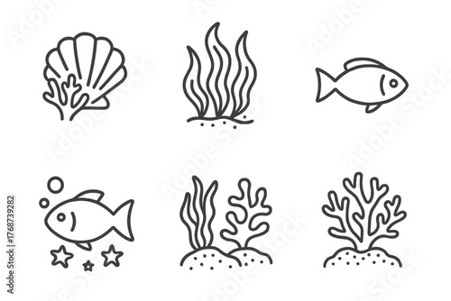 Marine life icons: shell, seaweed, fish, coral illustrations in minimalist style