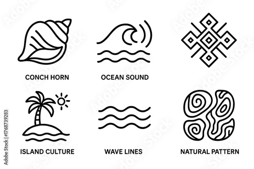 Cultural icons and oceanic patterns: conch horn, wave lines, island imagery