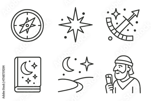 Outline icons of navigation, astrology, book, night, and middle eastern traveler