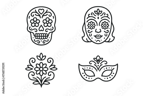 Day of the dead line art sugar skull, female mask, floral design, festive celebration symbols