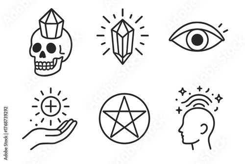 Mystical symbols collection: skull, crystal, eye, healing hand, pentagram, mind