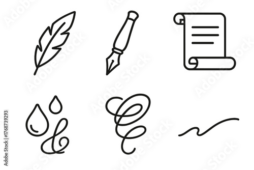 Elegant writing icons: feather, fountain pen, scroll, ink drops, flourishes