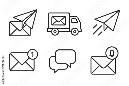 Email and messaging icons: envelopes, paper planes, notifications, truck, chat bubbles