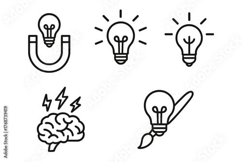 Creative symbols: brain, magnet, light bulb, paintbrush icons illustrating ideas and innovation