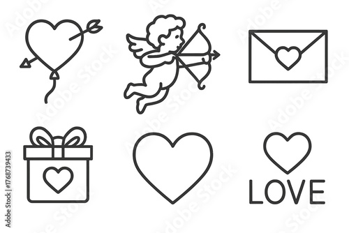 Valentine's day icon set with cupid, heart, gift, and love symbols