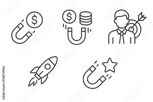 Business success icons: magnet, money, target, rocket, star