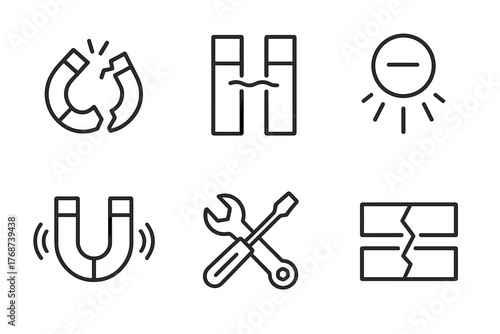 Collection of vector icons representing magnetism and toolbox tools on white background