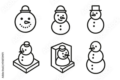 Minimalist snowman icon set with various hats and expressions