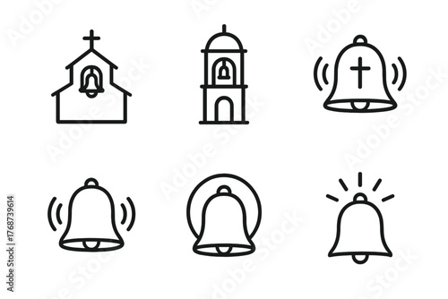 Church and bell icon set: simple line art of christian symbols