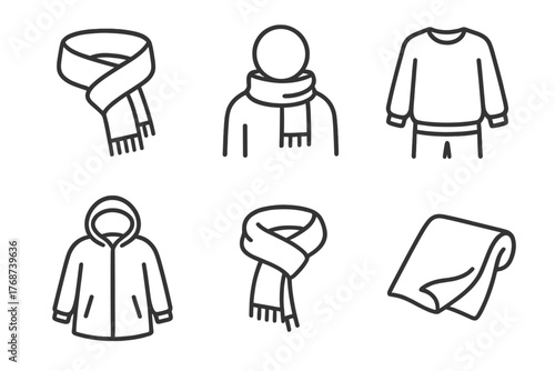 Winter clothing icons set: scarves, sweater, hoodie, blanket illustrations