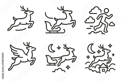 Set of santa's sleigh and reindeer icons in minimalist style