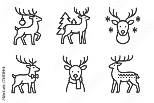 Cartoon outline christmas reindeer icons with decorations and accessories