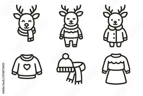 Cute winter deer characters and clothing outlines