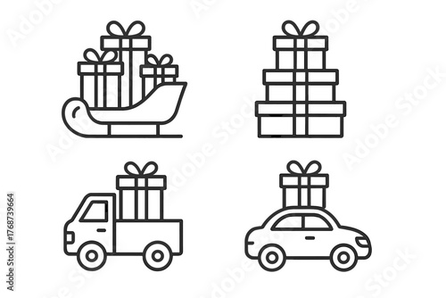 Gift delivery icons with sleigh, truck, car, and stacked presents