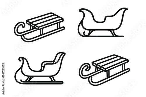 Set of four sleigh and sled icons in black outline for winter design